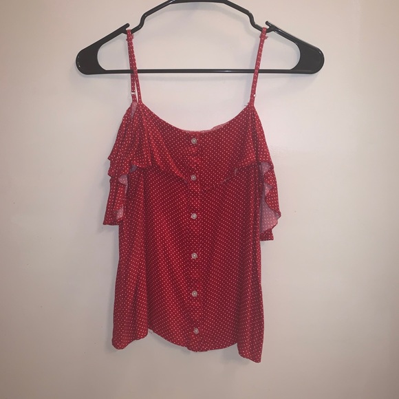 Red polkadot button up exposed shoulder strap top - Picture 4 of 15